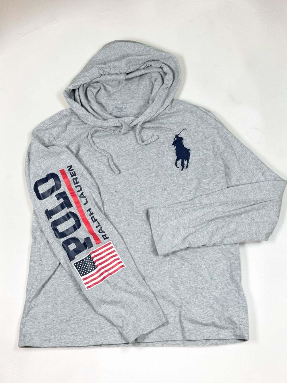 Polo Ralph Lauren Long Sleeve Hoodie Size M Gray Big Pony Flag